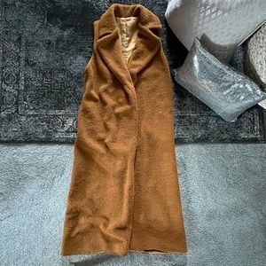 Long Camel Brown Faux Sherpa Vest Duster 70’s Style With Pockets And Lined